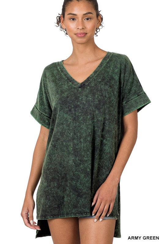 Mineral Wash Rolled Short Sleeve V-Neck Top