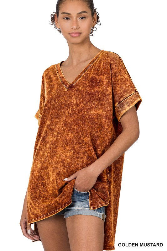 Mineral Wash Rolled Short Sleeve V-Neck Top