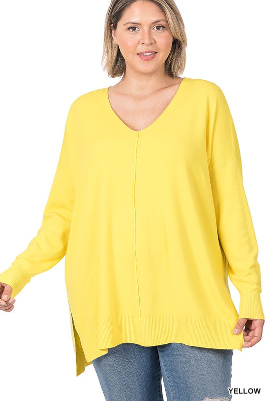 PLUS HI-LOW HEM V-NECK CENTER SEAM SWEATER