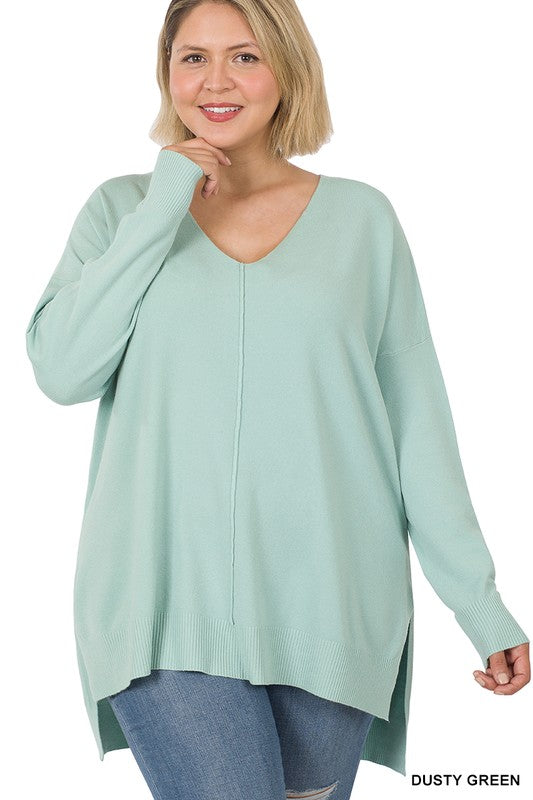 PLUS HI-LOW HEM V-NECK CENTER SEAM SWEATER