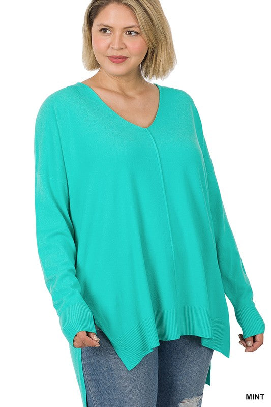 PLUS HI-LOW HEM V-NECK CENTER SEAM SWEATER