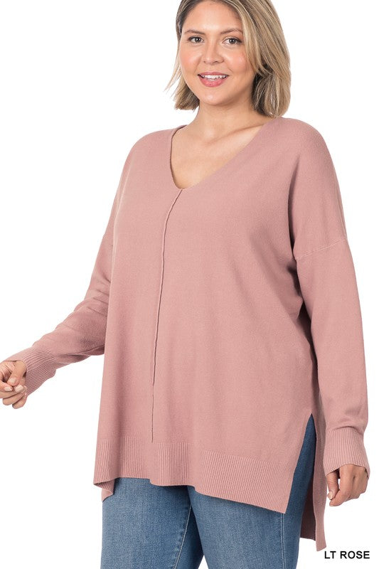 PLUS HI-LOW HEM V-NECK CENTER SEAM SWEATER