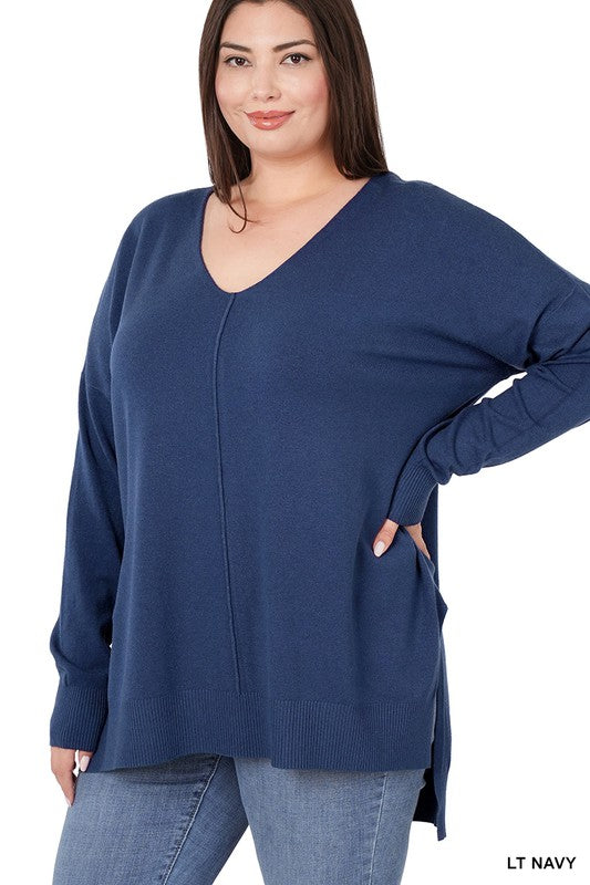 PLUS HI-LOW HEM V-NECK CENTER SEAM SWEATER