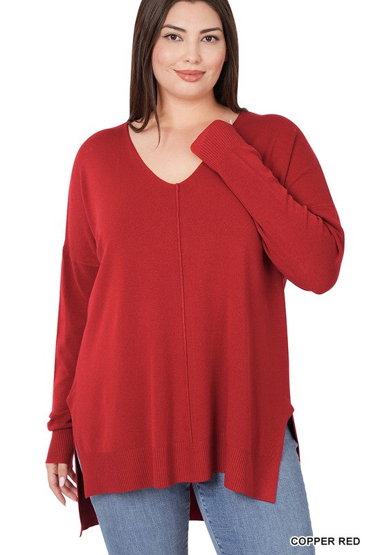 PLUS HI-LOW HEM V-NECK CENTER SEAM SWEATER