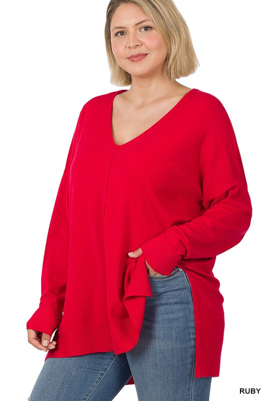 PLUS HI-LOW HEM V-NECK CENTER SEAM SWEATER