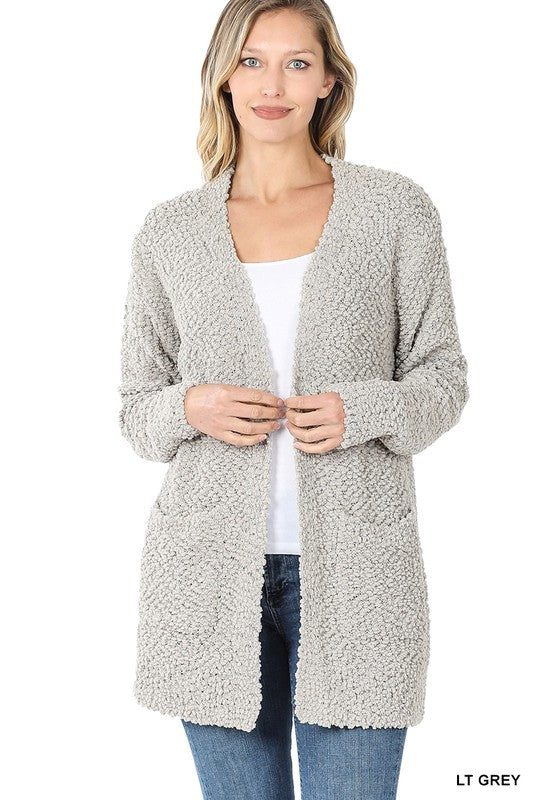 Long Sleeve Popcorn Sweater Cardigan With Pockets