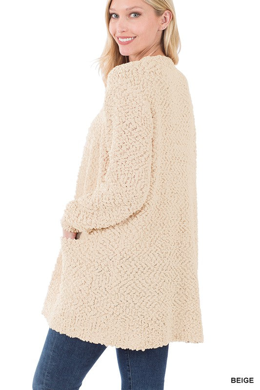 Long Sleeve Popcorn Sweater Cardigan With Pockets