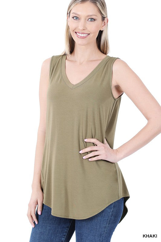 LUXE RAYON SLEEVELESS V-NECK HI-LOW HEM TOP