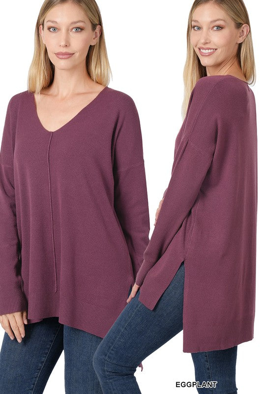 HI-LOW HEM V-NECK CENTER SEAM SWEATER