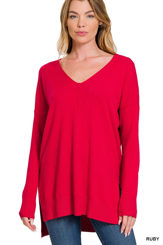 HI-LOW HEM V-NECK CENTER SEAM SWEATER