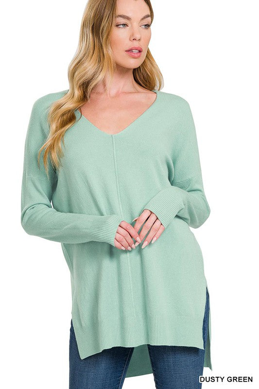 HI-LOW HEM V-NECK CENTER SEAM SWEATER