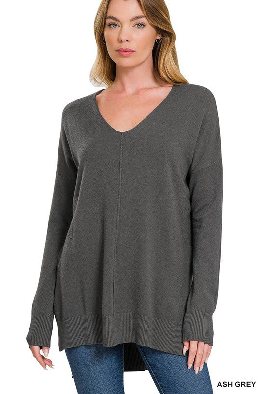 HI-LOW HEM V-NECK CENTER SEAM SWEATER