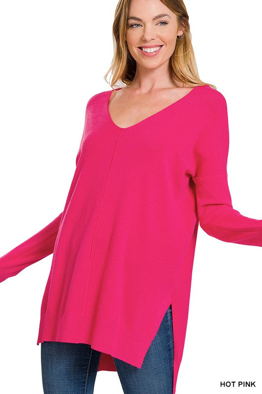 HI-LOW HEM V-NECK CENTER SEAM SWEATER