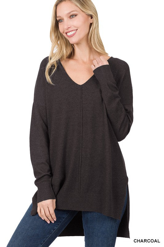 HI-LOW HEM V-NECK CENTER SEAM SWEATER