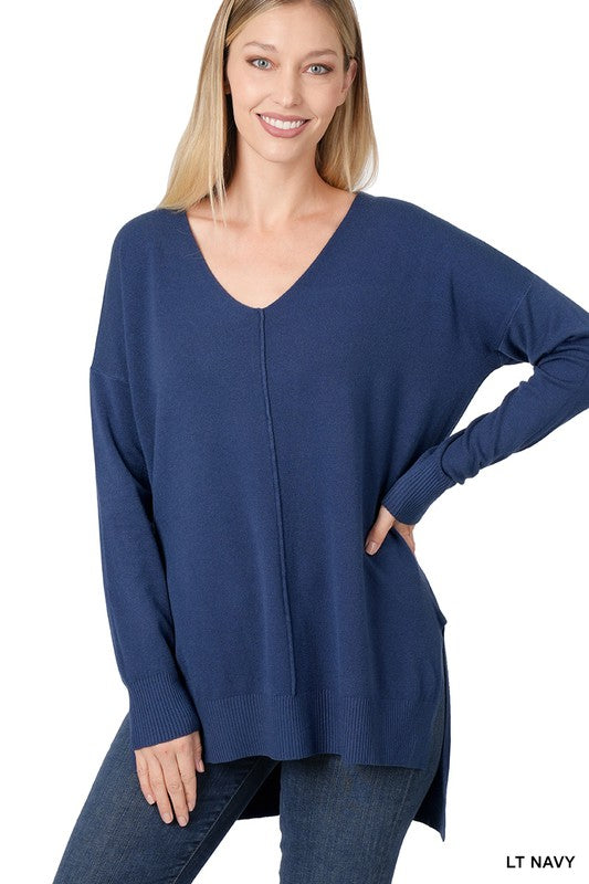 HI-LOW HEM V-NECK CENTER SEAM SWEATER