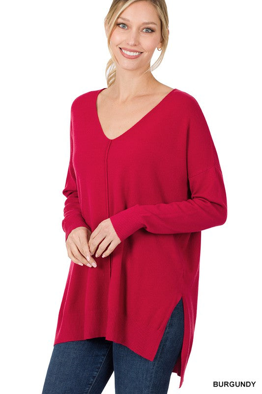 HI-LOW HEM V-NECK CENTER SEAM SWEATER