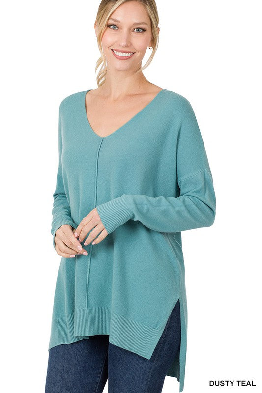 HI-LOW HEM V-NECK CENTER SEAM SWEATER