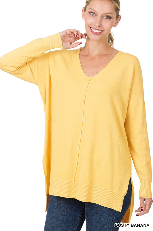 HI-LOW HEM V-NECK CENTER SEAM SWEATER