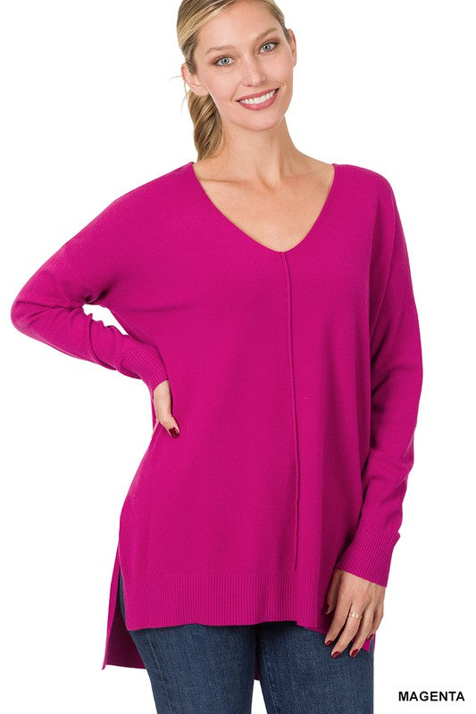 HI-LOW HEM V-NECK CENTER SEAM SWEATER