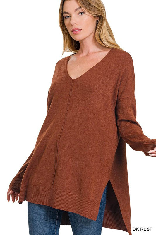 HI-LOW HEM V-NECK CENTER SEAM SWEATER