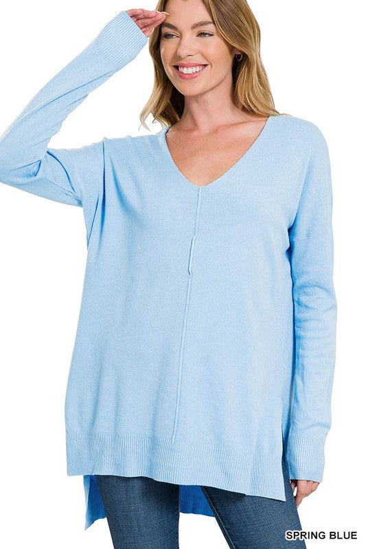 HI-LOW HEM V-NECK CENTER SEAM SWEATER