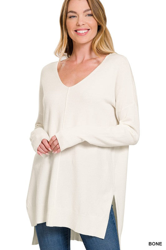 HI-LOW HEM V-NECK CENTER SEAM SWEATER