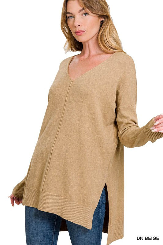 HI-LOW HEM V-NECK CENTER SEAM SWEATER