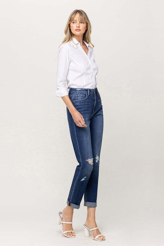 Distressed Double Cuffed stretch Mom Jeans