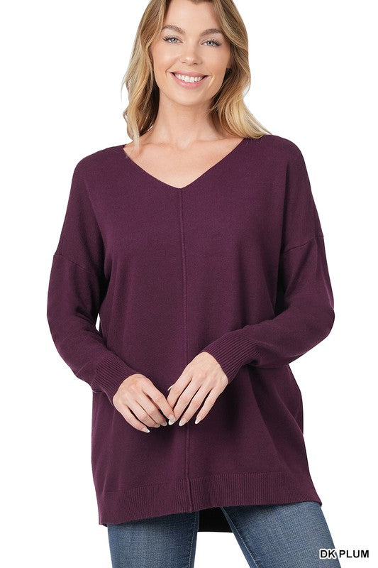 HI-LOW GARMENT DYED V-NECK FRONT SEAM SWEATER