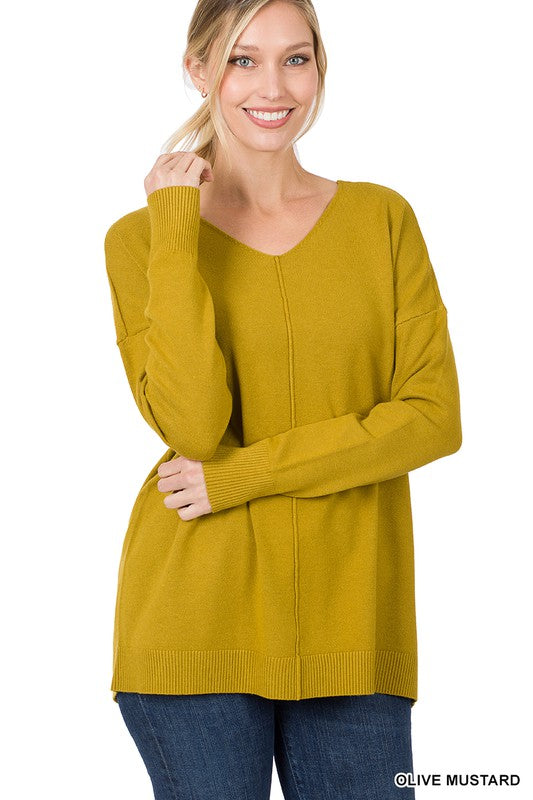 HI-LOW GARMENT DYED V-NECK FRONT SEAM SWEATER