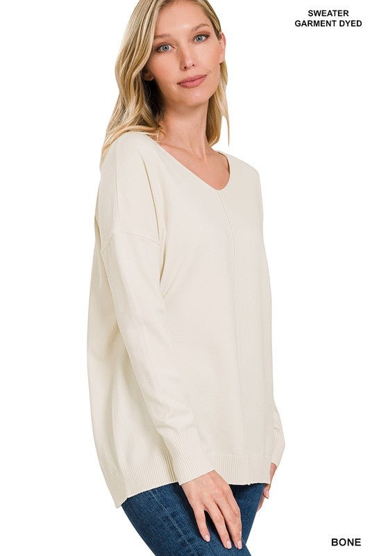 HI-LOW GARMENT DYED V-NECK FRONT SEAM SWEATER