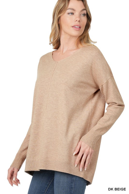 HI-LOW GARMENT DYED V-NECK FRONT SEAM SWEATER