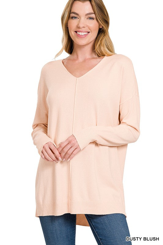 HI-LOW GARMENT DYED V-NECK FRONT SEAM SWEATER