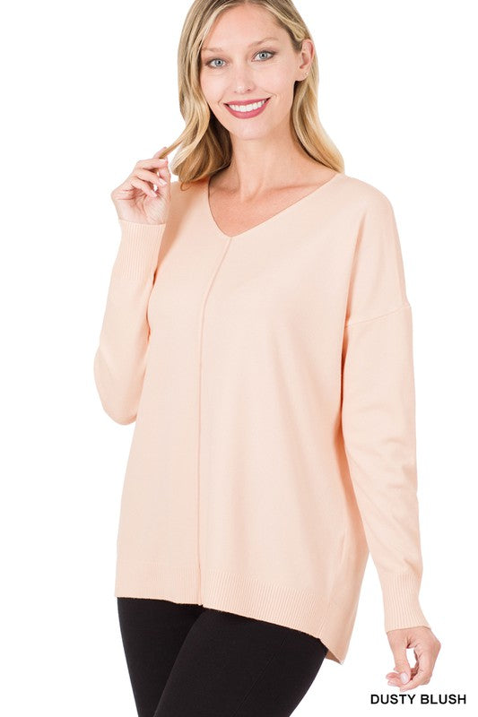 HI-LOW GARMENT DYED V-NECK FRONT SEAM SWEATER