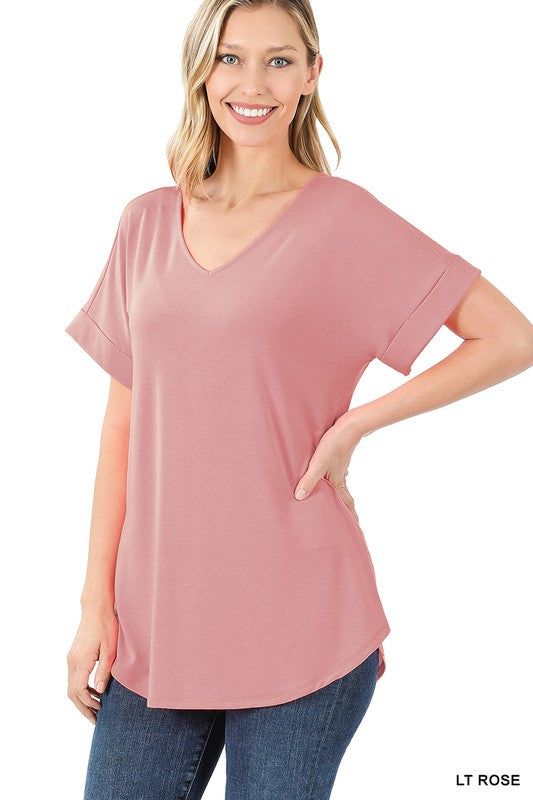 LUXE RAYON SHORT CUFF SLEEVE V-NECK ROUND HEM TOP