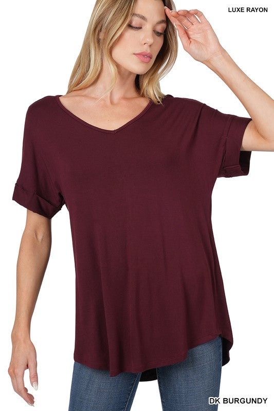 LUXE RAYON SHORT CUFF SLEEVE V-NECK ROUND HEM TOP