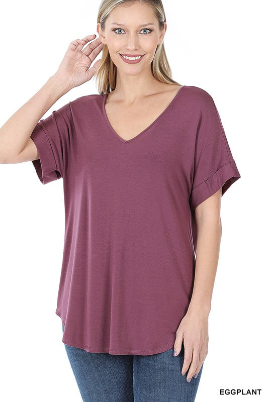 LUXE RAYON SHORT CUFF SLEEVE V-NECK ROUND HEM TOP