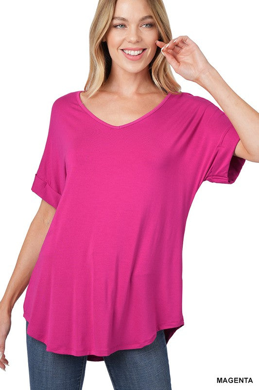 LUXE RAYON SHORT CUFF SLEEVE V-NECK ROUND HEM TOP