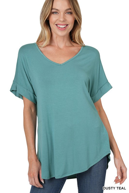 LUXE RAYON SHORT CUFF SLEEVE V-NECK ROUND HEM TOP