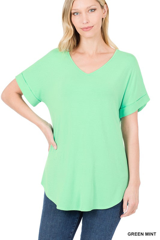 LUXE RAYON SHORT CUFF SLEEVE V-NECK ROUND HEM TOP