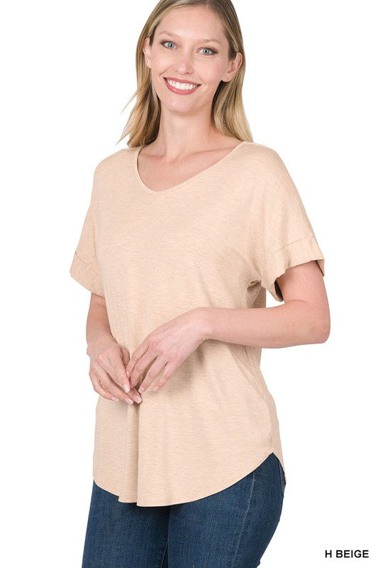 LUXE RAYON SHORT CUFF SLEEVE V-NECK ROUND HEM TOP