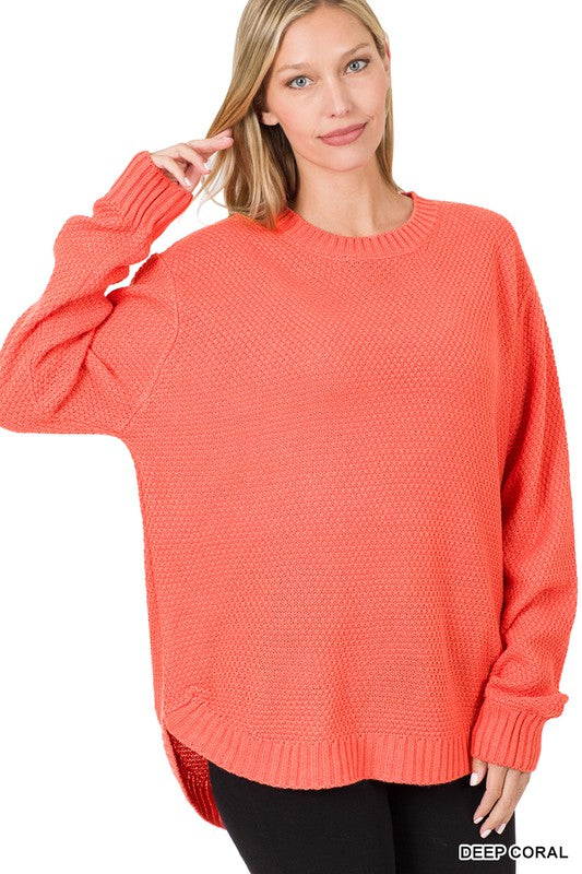 HI-LOW LONG SLEEVE ROUND NECK SWEATER