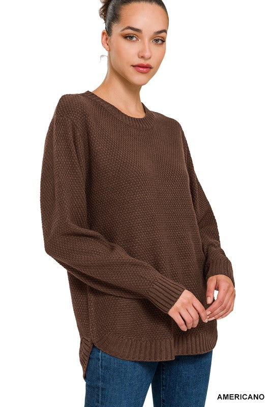 HI-LOW LONG SLEEVE ROUND NECK SWEATER