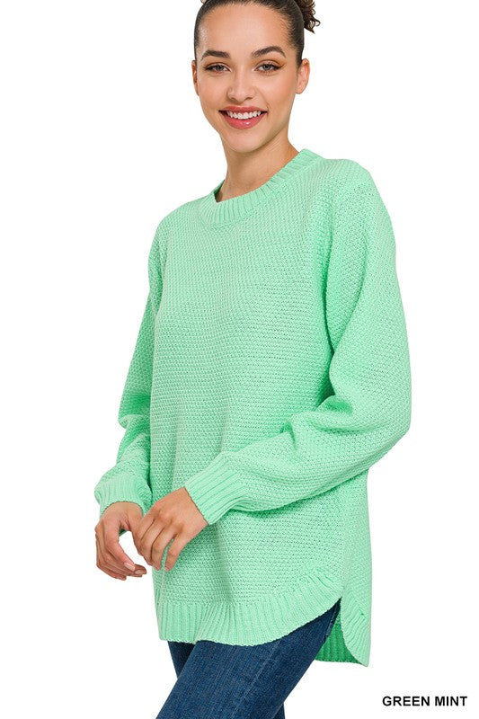 HI-LOW LONG SLEEVE ROUND NECK SWEATER