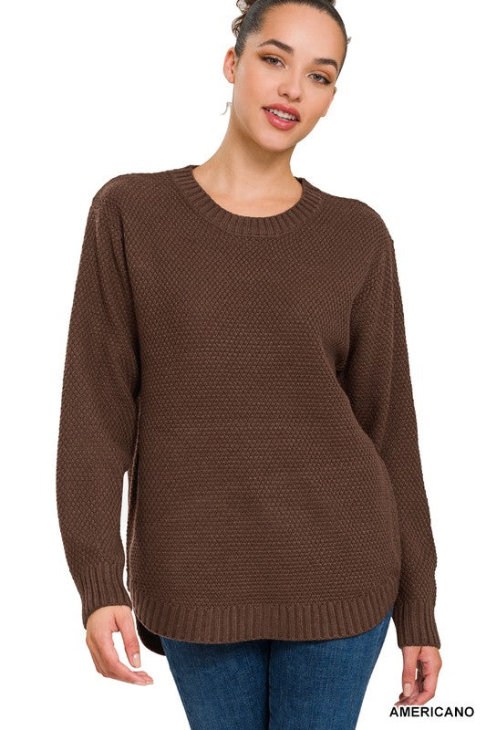 HI-LOW LONG SLEEVE ROUND NECK SWEATER