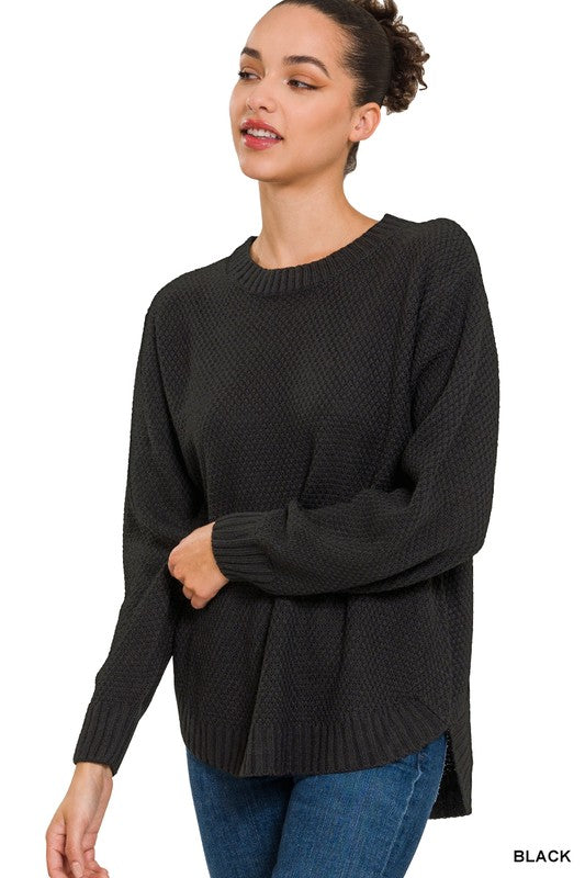 HI-LOW LONG SLEEVE ROUND NECK SWEATER