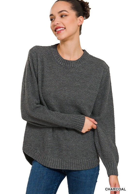 HI-LOW LONG SLEEVE ROUND NECK SWEATER