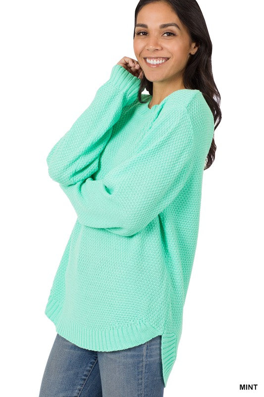 HI-LOW LONG SLEEVE ROUND NECK SWEATER