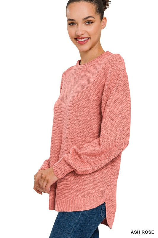 HI-LOW LONG SLEEVE ROUND NECK SWEATER