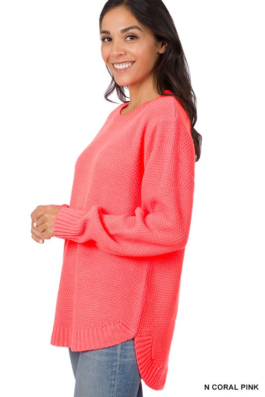 HI-LOW LONG SLEEVE ROUND NECK SWEATER